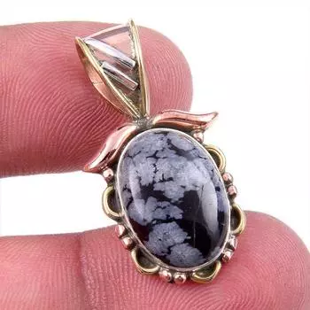 Natural Snowflake Obsidian Gemstone 925 Solid Silver Two Tone Pendant 1.25 k4v12