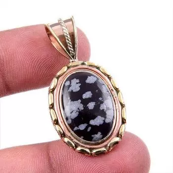 Natural Snowflake Obsidian Gemstone 925 Solid Silver Two Tone Pendant 1.5 L1A34