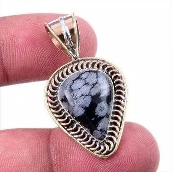 Natural Snowflake Obsidian Gemstone 925 Solid Silver Two Tone Pendant 1.50 G2u08