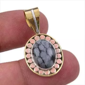 Natural Snowflake Obsidian Gemstone 925 Solid Silver Two Tone Pendant 1.25 S3W98