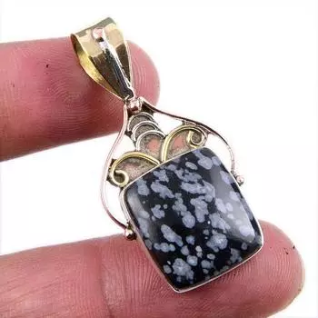Natural Snowflake Obsidian Gemstone 925 Solid Silver Two Tone Pendant 1.75 S8z65