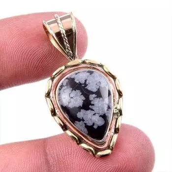 Natural Snowflake Obsidian Gemstone 925 Solid Silver Two Tone Pendant 1.5 v1P24