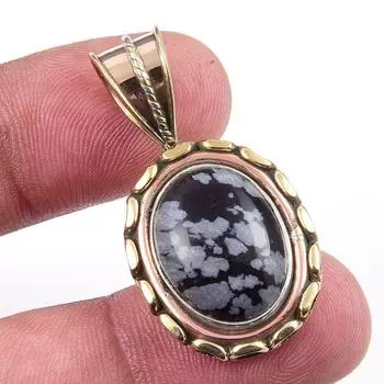 Natural Snowflake Obsidian Gemstone 925 Solid Silver Two Tone Pendant 1.50 N6B64