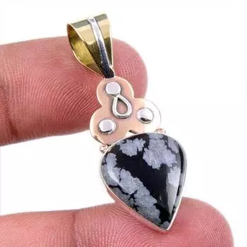 Natural Snowflake Obsidian Gemstone 925 Solid Silver Two Tone Pendant 1.75 Q1P61