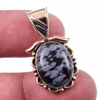 Natural Snowflake Obsidian Gemstone 925 Solid Silver Two Tone Pendant 1.25 o8o24