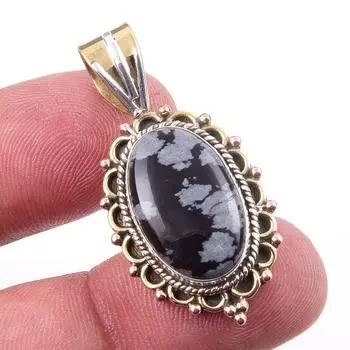 Natural Snowflake Obsidian Gemstone 925 Solid Silver Two Tone Pendant 1.50 A7t11