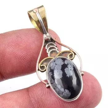 Natural Snowflake Obsidian Gemstone 925 Solid Silver Two Tone Pendant 1.50 g8b53