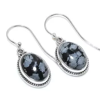 Natural Snowflake Obsidian Gemstone 925 Solid Sterling Silver Earring 1.25 y4f79