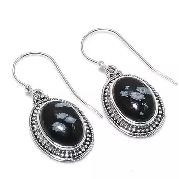 Natural Snowflake Obsidian Gemstone 925 Solid Sterling Silver Earring 1.25 J0Y70