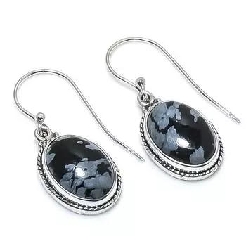 Natural Snowflake Obsidian Gemstone 925 Solid Sterling Silver Earring 1.25 V3K33