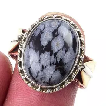 Natural Snowflake Obsidian Gemstone 925 Sterling Silver Two Tone Ring S.9 p2j45