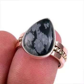 Natural Snowflake Obsidian Gemstone 925 Sterling Silver Two Tone Ring S.6.5 S8j48