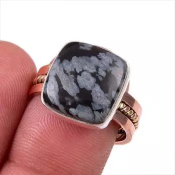 Natural Snowflake Obsidian Gemstone 925 Sterling Silver Two Tone Ring S.8.5 p3S16