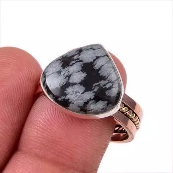 Natural Snowflake Obsidian Gemstone 925 Sterling Silver Two Tone Ring S.9.5 p0O63