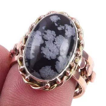 Natural Snowflake Obsidian Gemstone 925 Sterling Silver Two Tone Ring S.8.5 G6D88