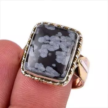 Natural Snowflake Obsidian Gemstone 925 Sterling Silver Two Tone Ring S.9 q1B92