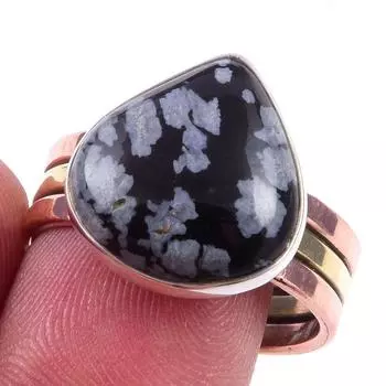 Natural Snowflake Obsidian Gemstone 925 Sterling Silver Two Tone Ring S.9.5 g8C35