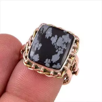 Natural Snowflake Obsidian Gemstone 925 Sterling Silver Two Tone Ring S.7 R5z78