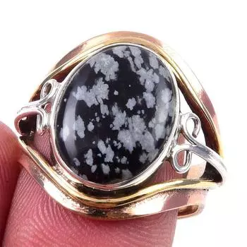 Natural Snowflake Obsidian Gemstone 925 Sterling Silver Two Tone Ring S.7 Q3P50