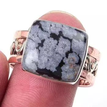 Natural Snowflake Obsidian Gemstone 925 Sterling Silver Two Tone Ring S.9.5 m9V71