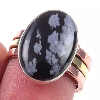 Natural Snowflake Obsidian Gemstone 925 Sterling Silver Two Tone Ring S.6 q2q36