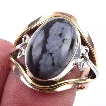 Natural Snowflake Obsidian Gemstone 925 Sterling Silver Two Tone Ring S.7.5 f0J37