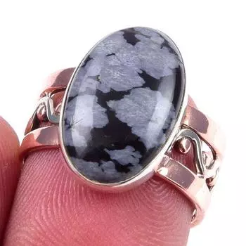 Natural Snowflake Obsidian Gemstone 925 Sterling Silver Two Tone Ring S.6 t9B70
