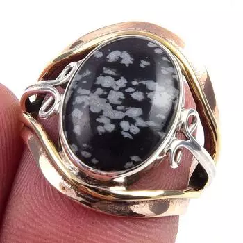 Natural Snowflake Obsidian Gemstone 925 Sterling Silver Two Tone Ring S.5 I1O66