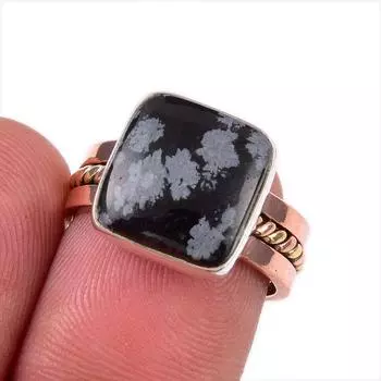 Natural Snowflake Obsidian Gemstone 925 Sterling Silver Two Tone Ring S.6 R5o25
