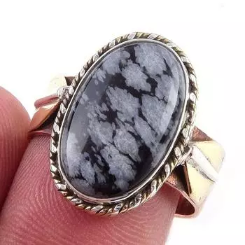 Natural Snowflake Obsidian Gemstone 925 Sterling Silver Two Tone Ring S.8 U5v01