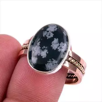 Natural Snowflake Obsidian Gemstone 925 Sterling Silver Two Tone Ring S.9.5 o0K79