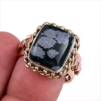 Natural Snowflake Obsidian Gemstone 925 Sterling Silver Two Tone Ring S.7.5 j1m55