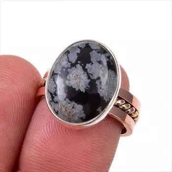 Natural Snowflake Obsidian Gemstone 925 Sterling Silver Two Tone Ring S.6.5 O2B57