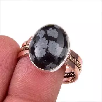 Natural Snowflake Obsidian Gemstone 925 Sterling Silver Two Tone Ring S.10 w5y23