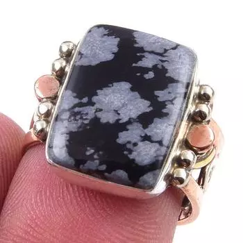 Natural Snowflake Obsidian Gemstone 925 Sterling Silver Two Tone Ring S.7 L4O09