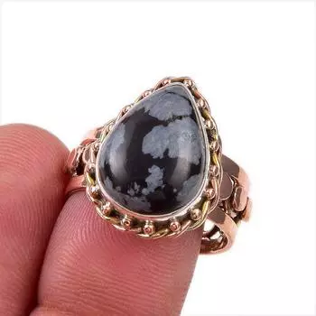 Natural Snowflake Obsidian Gemstone 925 Sterling Silver Two Tone Ring S.9 e6K68