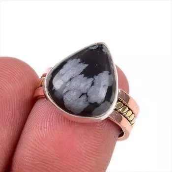 Natural Snowflake Obsidian Gemstone 925 Sterling Silver Two Tone Ring S.6 F0z12