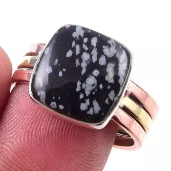 Natural Snowflake Obsidian Gemstone 925 Sterling Silver Two Tone Ring S.9.5 D2c83