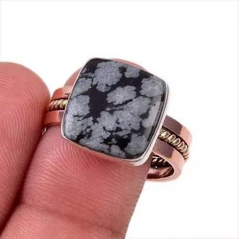 Natural Snowflake Obsidian Gemstone 925 Sterling Silver Two Tone Ring S.10 y8L26