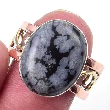 Natural Snowflake Obsidian Gemstone 925 Sterling Silver Two Tone Ring S.8 s1L34