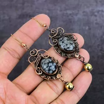 Natural Snowflake Obsidian Gemstone Copper Wire Wrap Jewelry Earring 3.15 k7f80