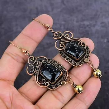 Серьги-обертки из натурального обсидиана со снежинками и медной проволокой 3,35 дюйма y6s07