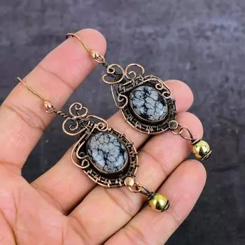 Серьги-обертки из натурального обсидиана со снежинками и медной проволокой 3,39 дюйма G3q32