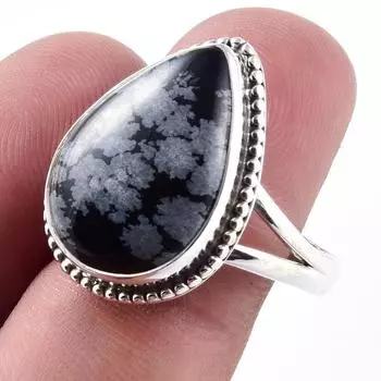 Natural Snowflake Obsidian Gemstone Handmade 925 Sterling Silver Ring S.10 A6p62