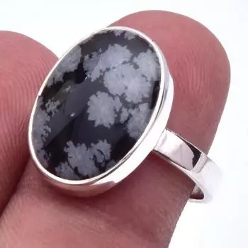 Natural Snowflake Obsidian Gemstone Handmade 925 Sterling Silver Ring S.8 Y6d51