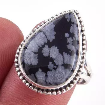 Natural Snowflake Obsidian Gemstone Handmade 925 Sterling Silver Ring S.8 e2J27