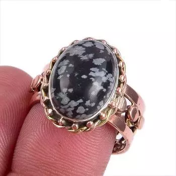 Natural Snowflake Obsidian Gemstone Two Tone 925 Sterling Silver Ring S.8.5 J6T38