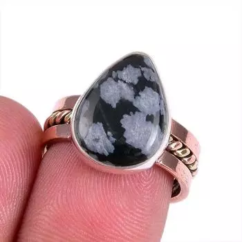 Natural Snowflake Obsidian Gemstone Two Tone 925 Sterling Silver Ring S.6 j9w87