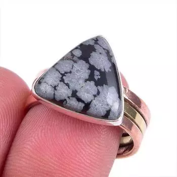 Natural Snowflake Obsidian Gemstone Two Tone 925 Sterling Silver Ring S.8 D4d09