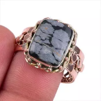 Natural Snowflake Obsidian Gemstone Two Tone 925 Sterling Silver Ring S.9.5 R0m90